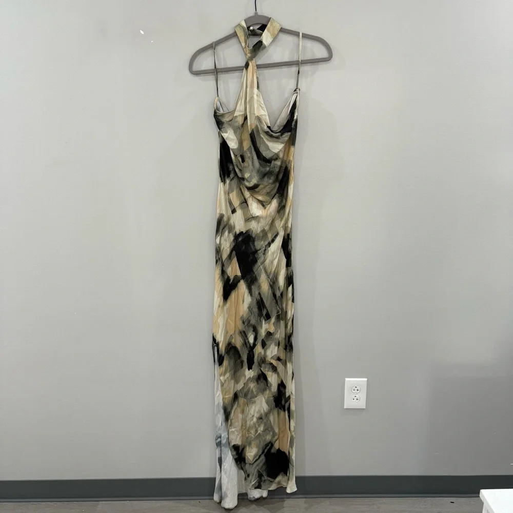 NWT Anthropologie Let Me Be Dress Halter Abstract Maxi in Black White